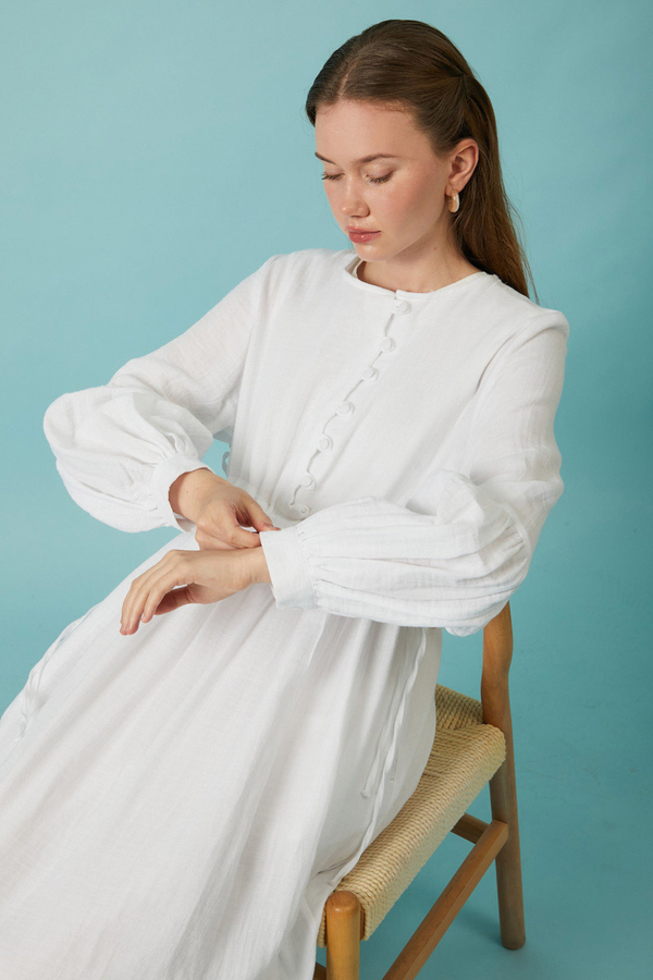 Buttoned Muslin Dress White - 3