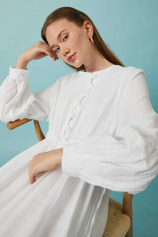 Buttoned Muslin Dress White - 4