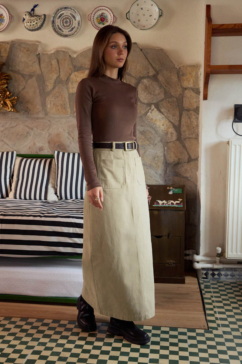 Büyük Cepli Gabardin Etek Taş