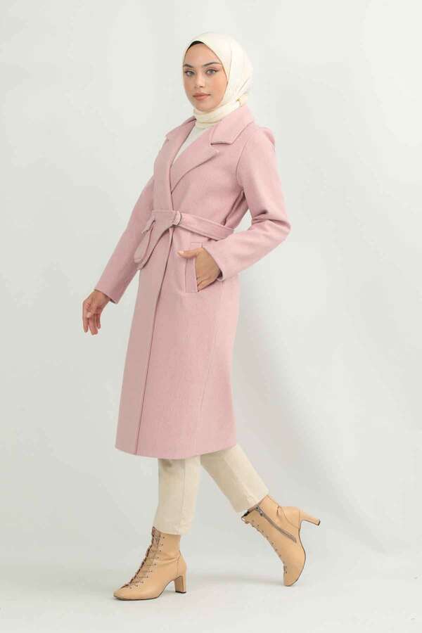 Çantalı Kaşe Kaban Pembe - 1
