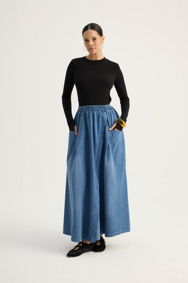 Çapraz Detaylı Denim Etek Mavi - 2