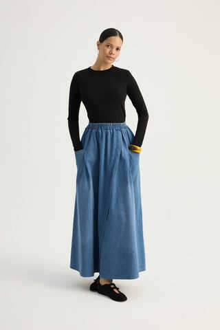 Çapraz Detaylı Denim Etek Mavi - 3