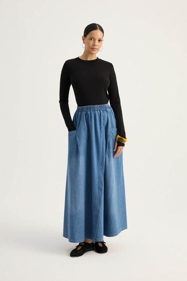 Çapraz Detaylı Denim Etek Mavi - 4