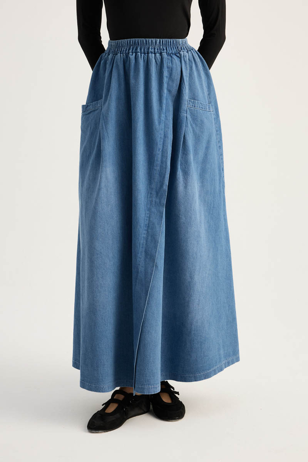 Çapraz Detaylı Denim Etek Mavi - 5