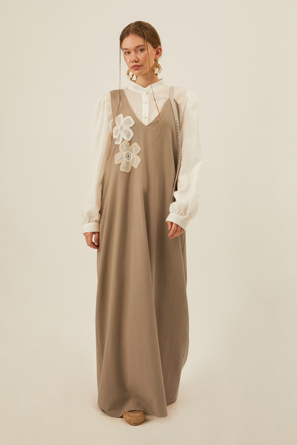 Çiçek Dantelli Jile Vizon - 9