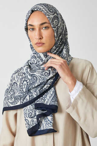 Çiçek Motifli Şal Lacivert - 1