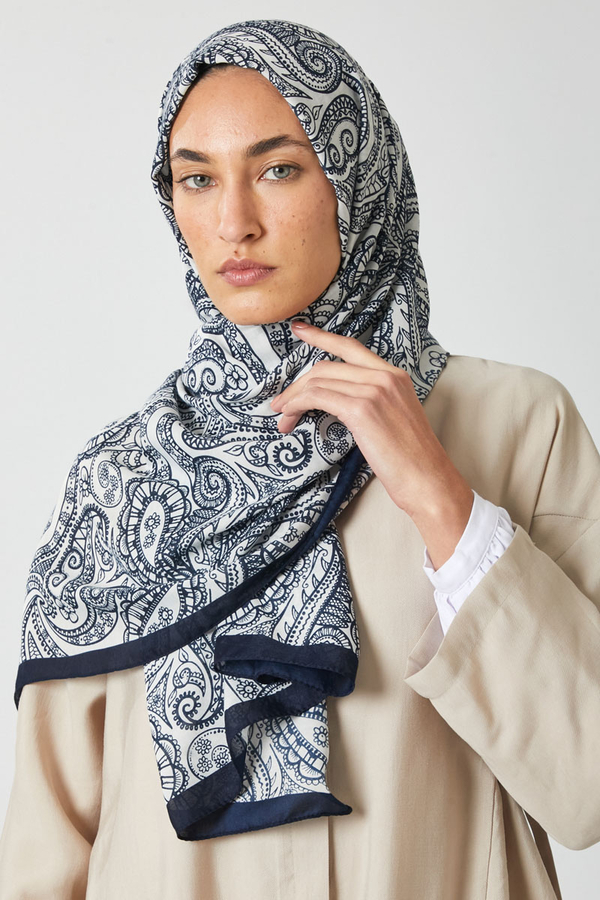 Çiçek Motifli Şal Lacivert - 1