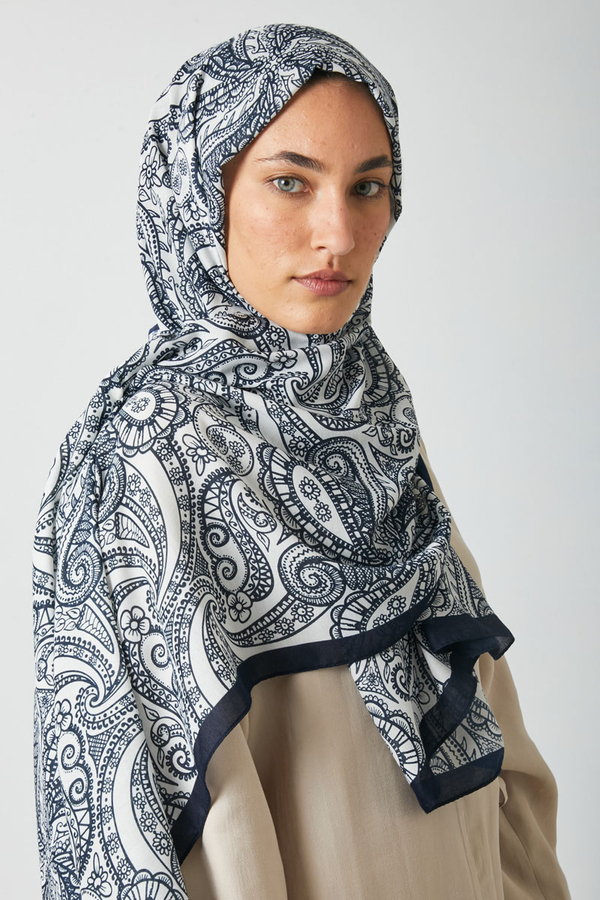 Çiçek Motifli Şal Lacivert - 2