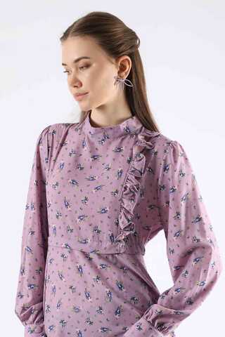 Zulays - Çiçekli Fırfırlı Elbise Lila (1)
