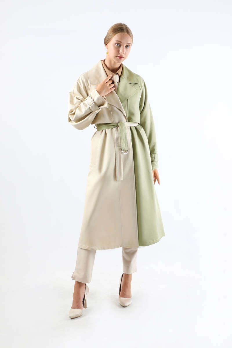 Çift Renk Apolet Detaylı Trençkot Mint