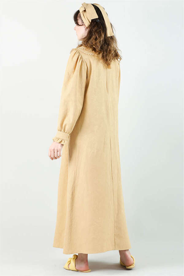 Çift Yaka Bol Kesim Elbise Camel