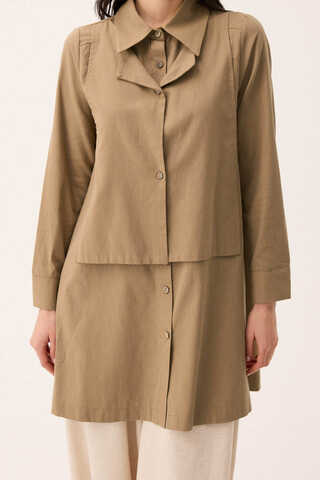 Çift Yaka Keten Gömlek Camel - 4