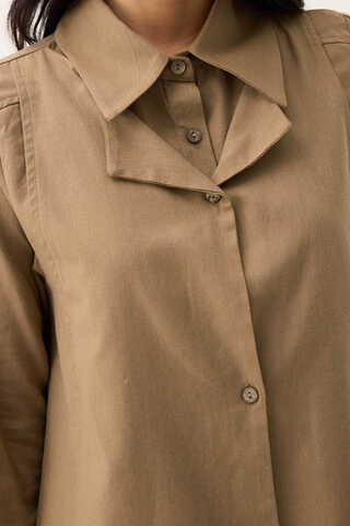 Çift Yaka Keten Gömlek Camel - 8