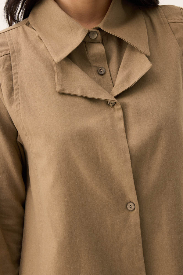 Çift Yaka Keten Gömlek Camel - 8