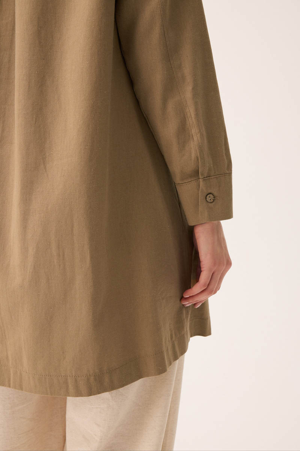 Çift Yaka Keten Gömlek Camel - 12