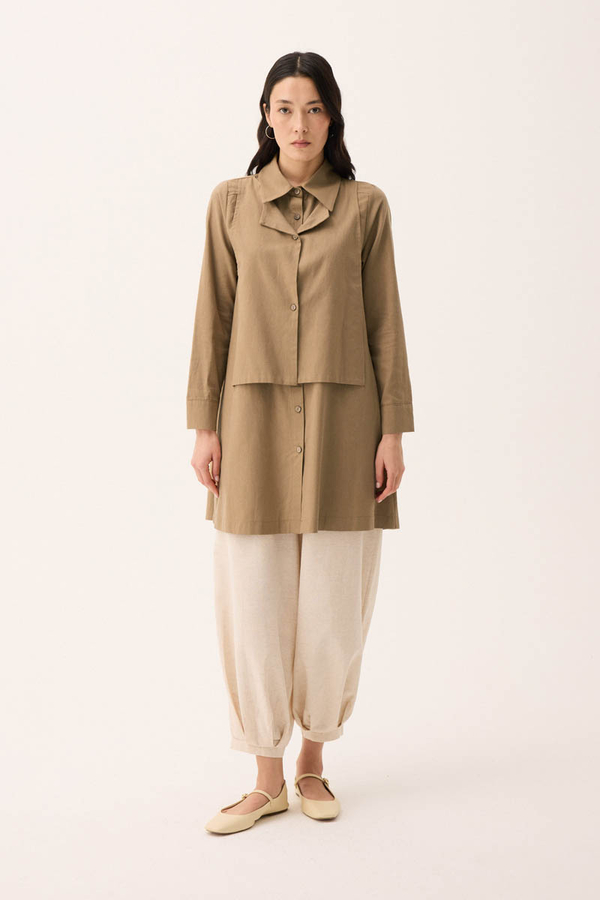 Çift Yaka Keten Gömlek Camel - 3