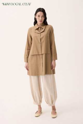 Çift Yaka Keten Gömlek Camel - 1