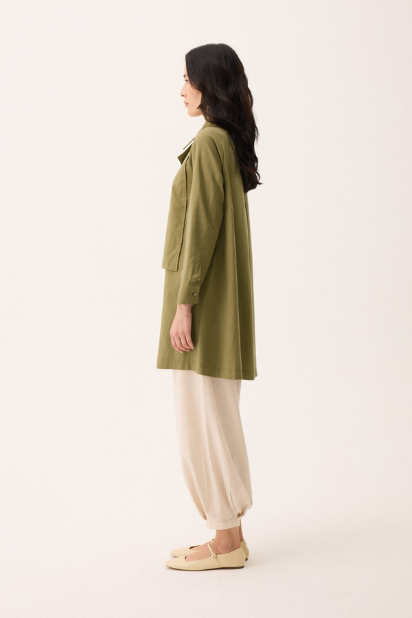 Çift Yaka Keten Gömlek Haki - 7