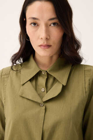 Çift Yaka Keten Gömlek Haki - 6