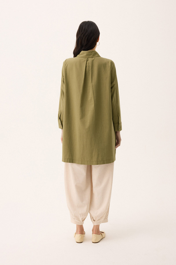 Çift Yaka Keten Gömlek Haki - 12