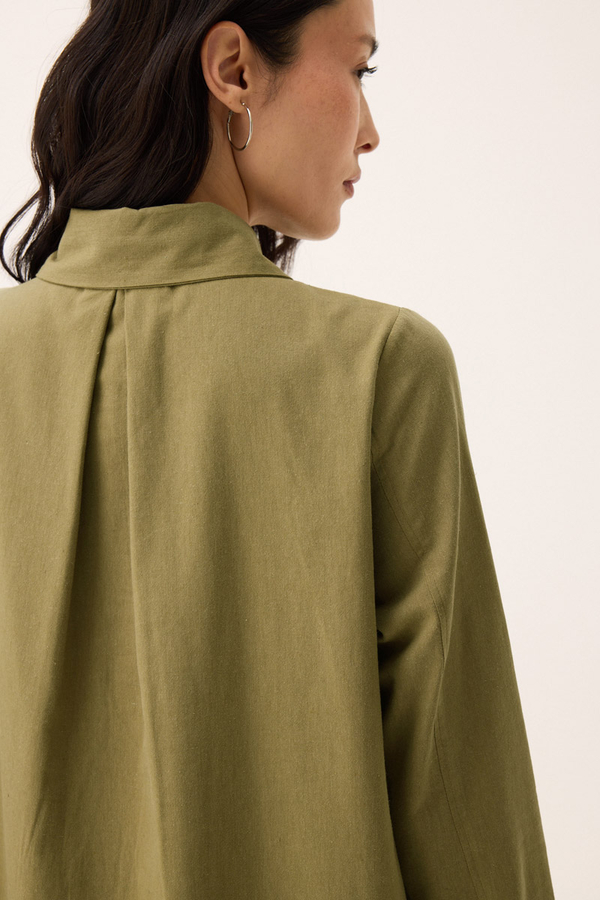 Çift Yaka Keten Gömlek Haki - 14