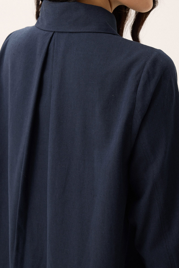 Çift Yaka Keten Gömlek Lacivert - 11