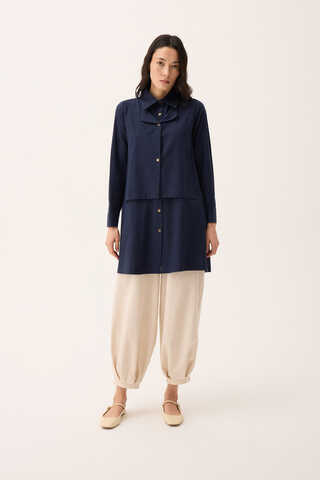 Çift Yaka Keten Gömlek Lacivert - 3