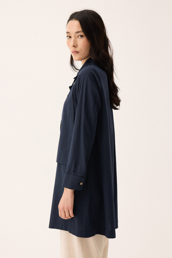 Çift Yaka Keten Gömlek Lacivert - 9