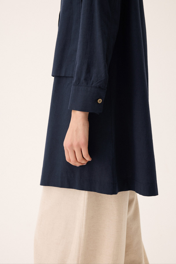Çift Yaka Keten Gömlek Lacivert - 10