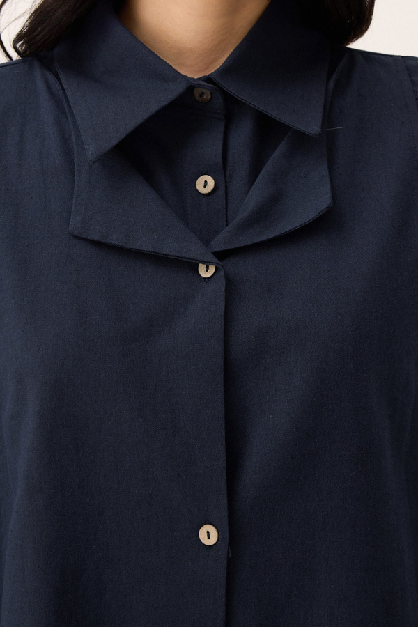 Çift Yaka Keten Gömlek Lacivert - 6