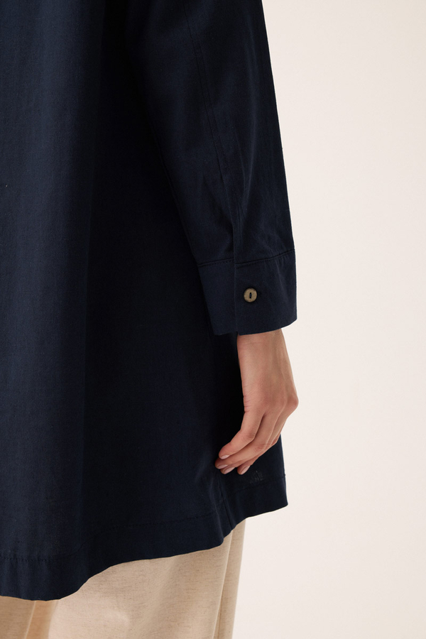 Çift Yaka Keten Gömlek Lacivert - 14