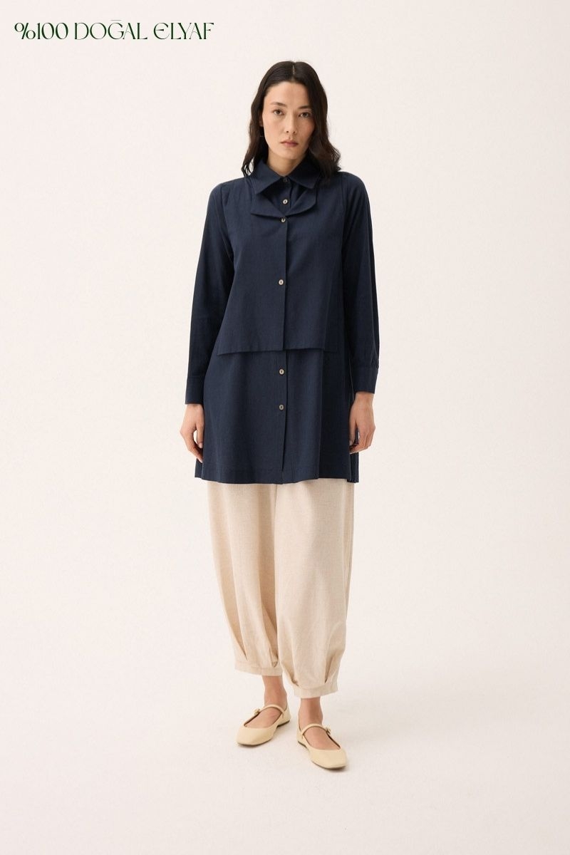 Çift Yaka Keten Gömlek Lacivert