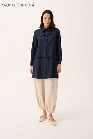 Çift Yaka Keten Gömlek Lacivert - 1