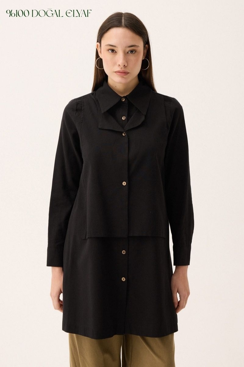 Çift Yaka Keten Gömlek Siyah