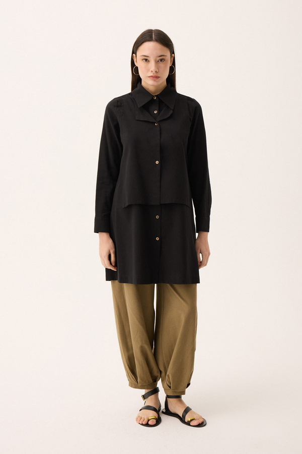 Çift Yaka Keten Gömlek Siyah - 2