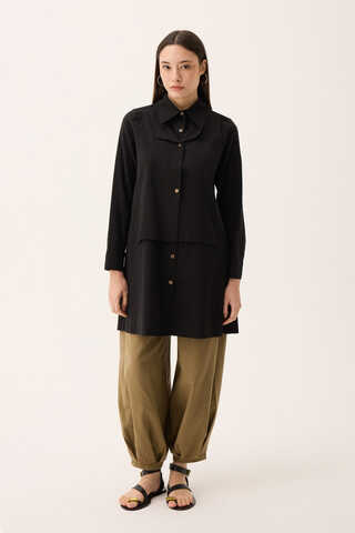 Çift Yaka Keten Gömlek Siyah - 4