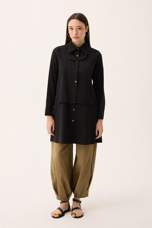 Çift Yaka Keten Gömlek Siyah - 4