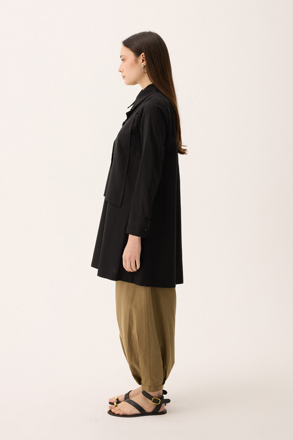 Çift Yaka Keten Gömlek Siyah - 5