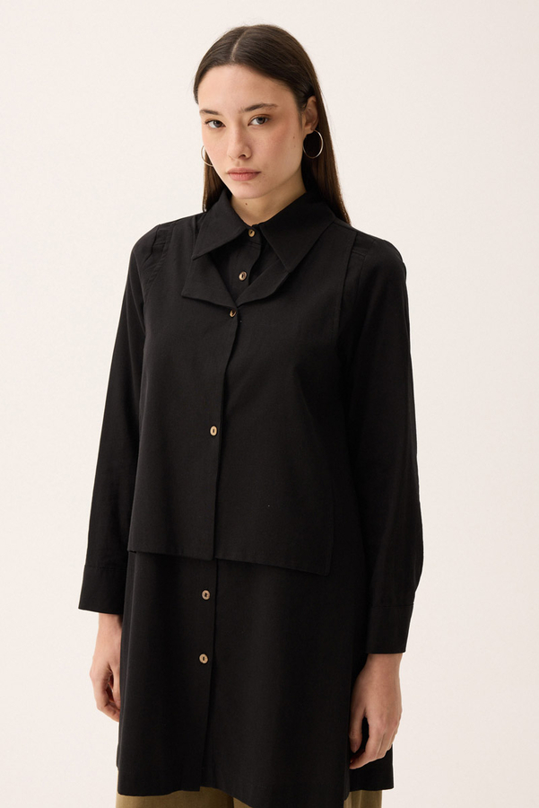 Çift Yaka Keten Gömlek Siyah - 3