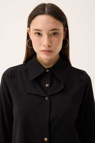 Çift Yaka Keten Gömlek Siyah - 8