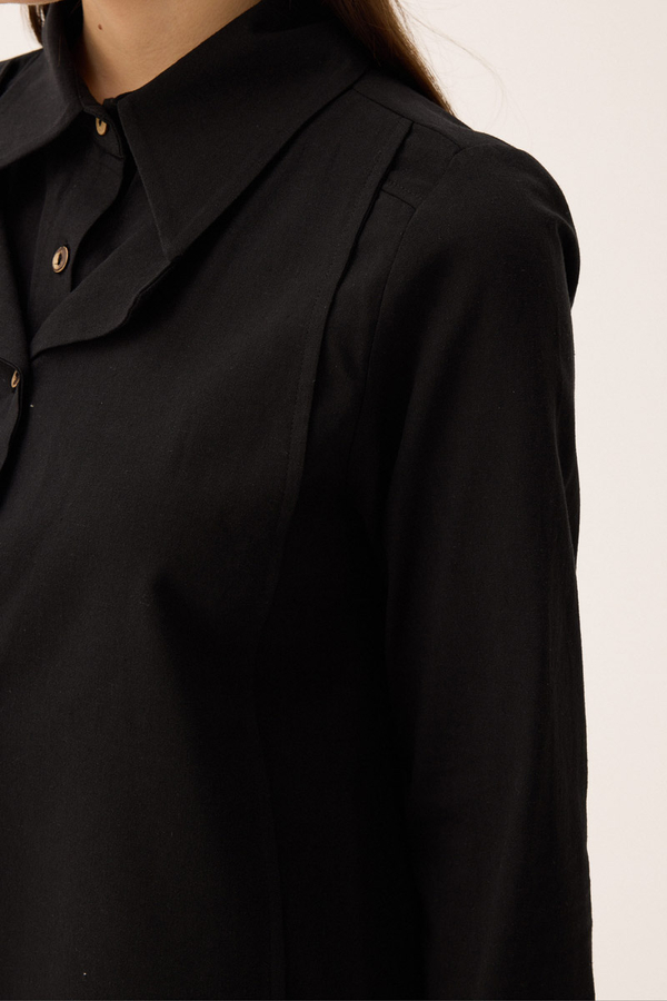 Çift Yaka Keten Gömlek Siyah - 10