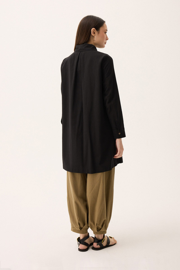 Çift Yaka Keten Gömlek Siyah - 13