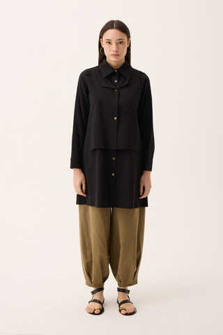 Çift Yaka Keten Gömlek Siyah - 9