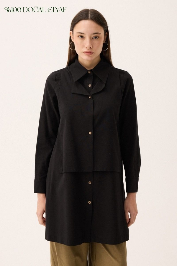 Çift Yaka Keten Gömlek Siyah