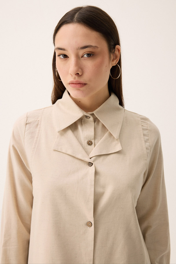 Çift Yaka Keten Gömlek Taş - 3