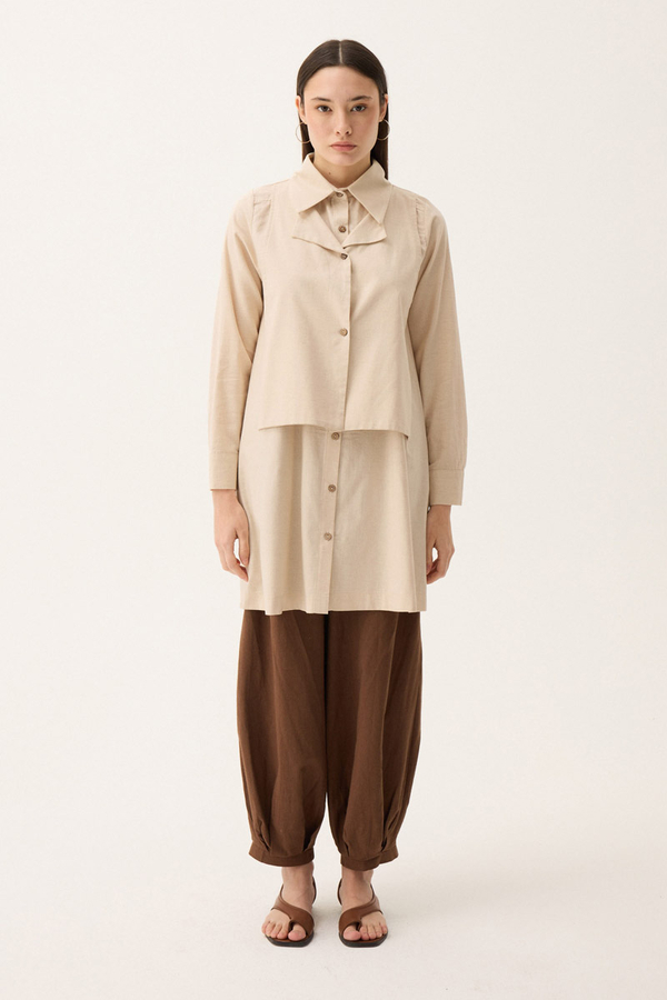 Çift Yaka Keten Gömlek Taş - 2