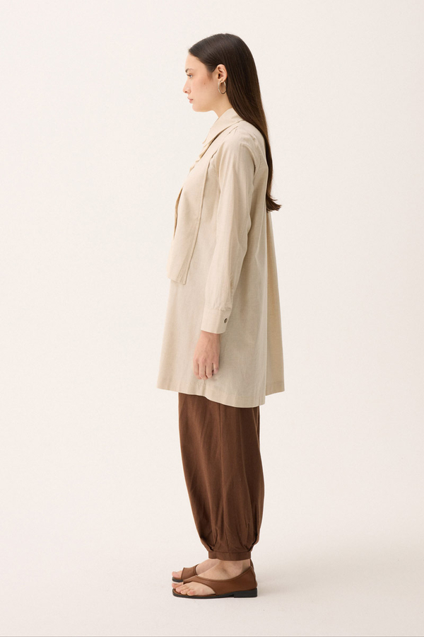Çift Yaka Keten Gömlek Taş - 6
