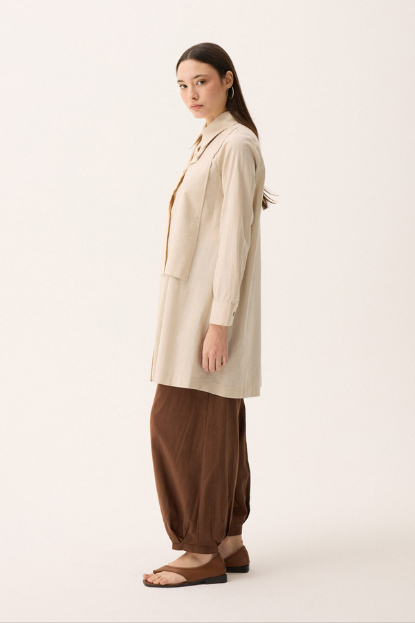 Çift Yaka Keten Gömlek Taş - 9