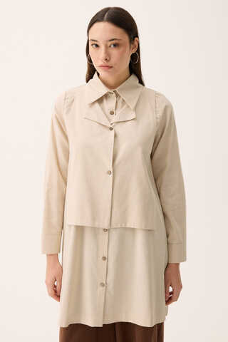 Çift Yaka Keten Gömlek Taş - 11