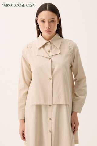 Çift Yaka Keten Gömlek Taş - 1